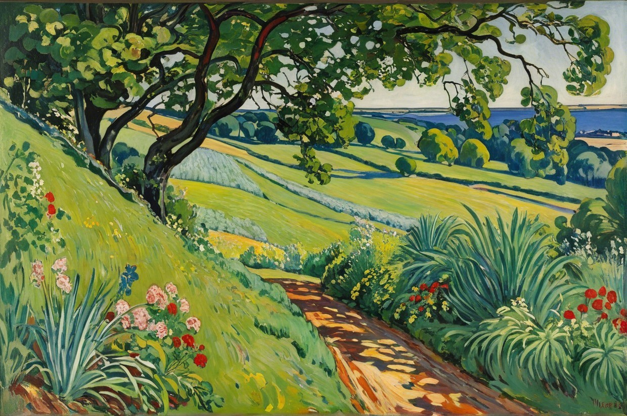 Vibrant Landscape with Winding Path and Wildflowers