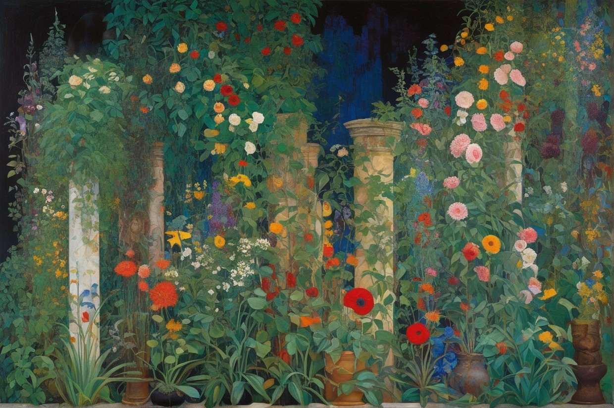 Vibrant garden scene with colorful flowers and columns