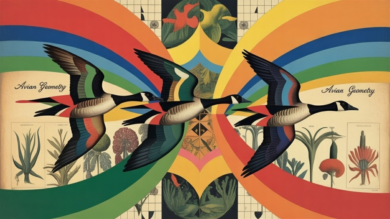 Stylized Illustration of Ducks with Rainbow Background