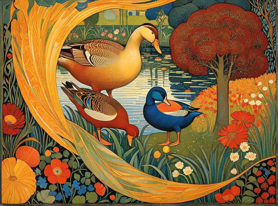 Three Ducks in a Colorful, Lush Landscape Scene