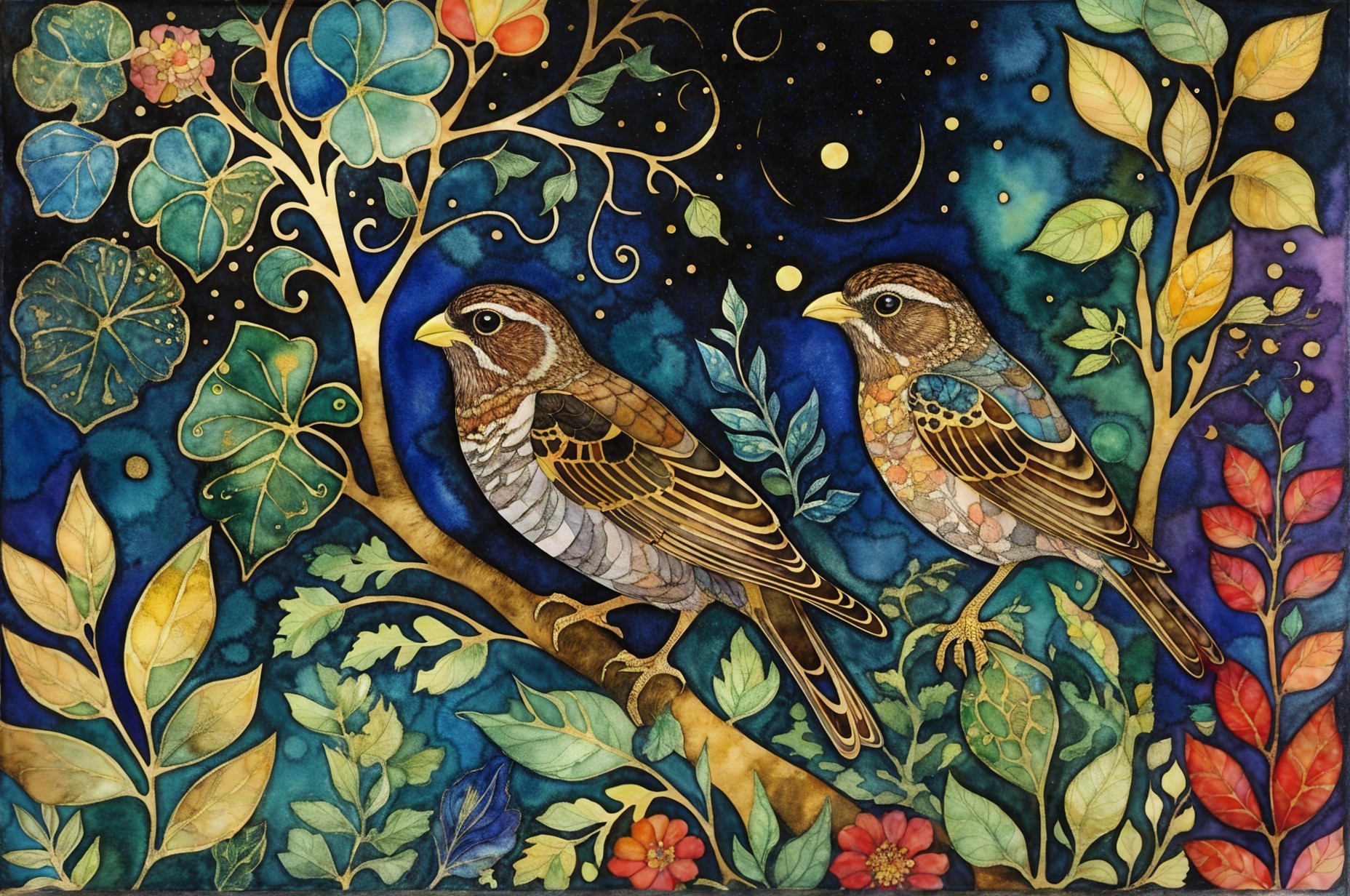 Detailed Birds on Branch Amidst Vibrant Foliage and Sky
