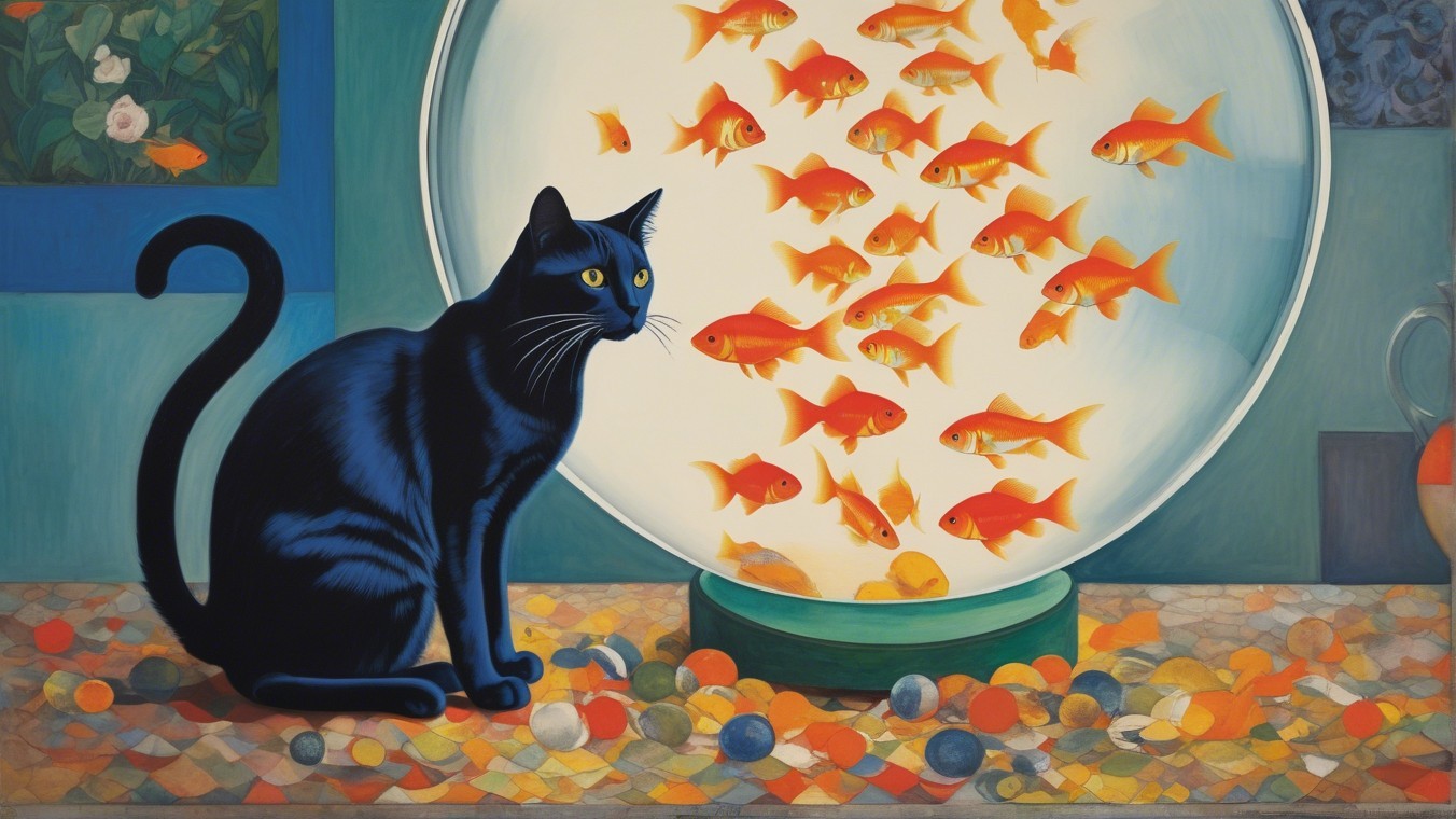 Black Cat and Goldfish in Colorful Setting