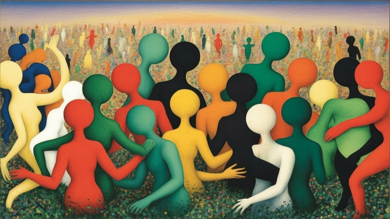 Abstract Figures in Colorful Landscape Artwork