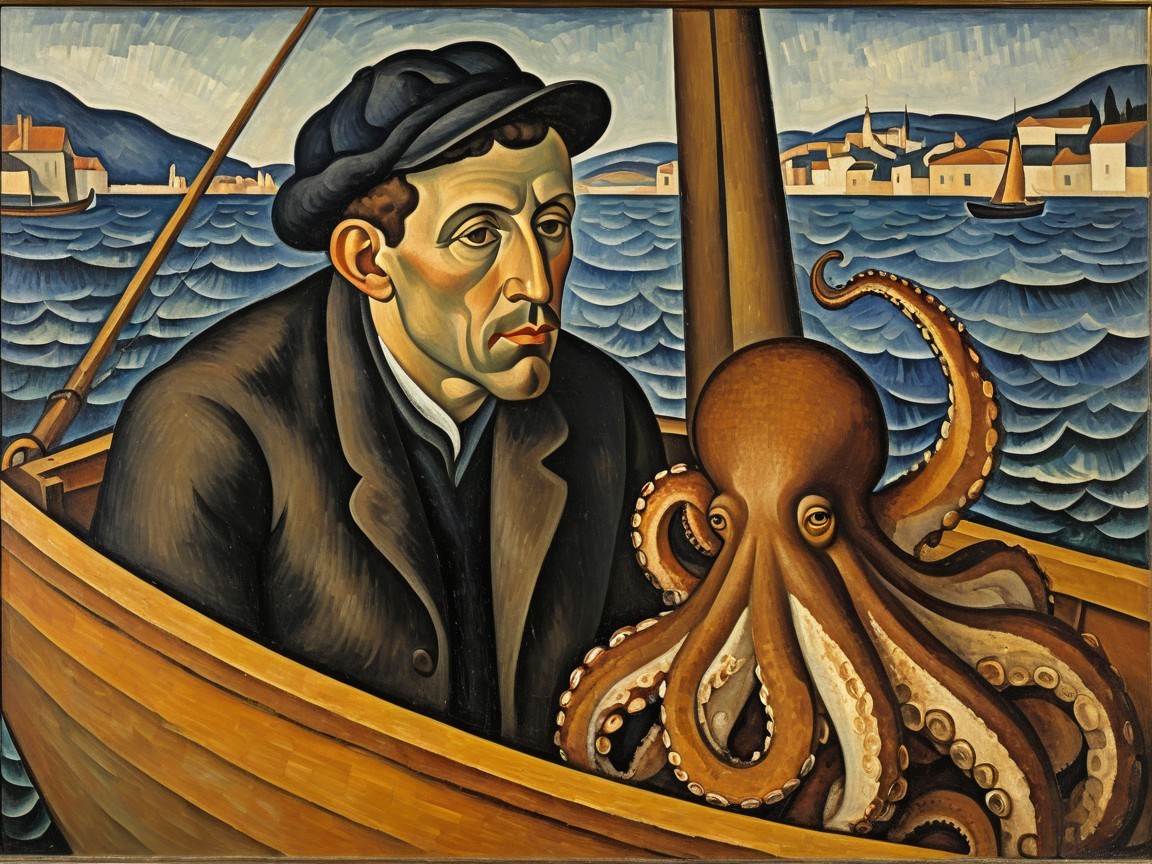 Fisherman and Octopus on a Calm Sea Background