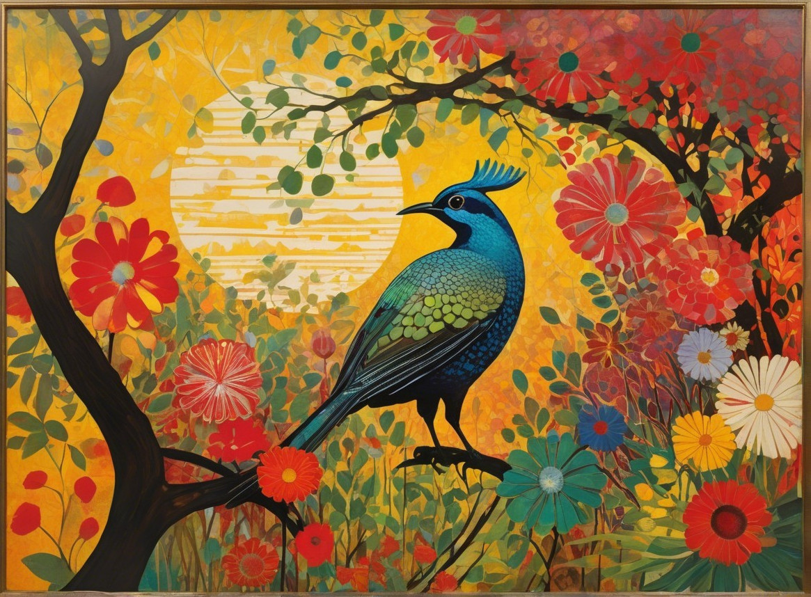 Colorful Peacock in Lush Garden at Sunset