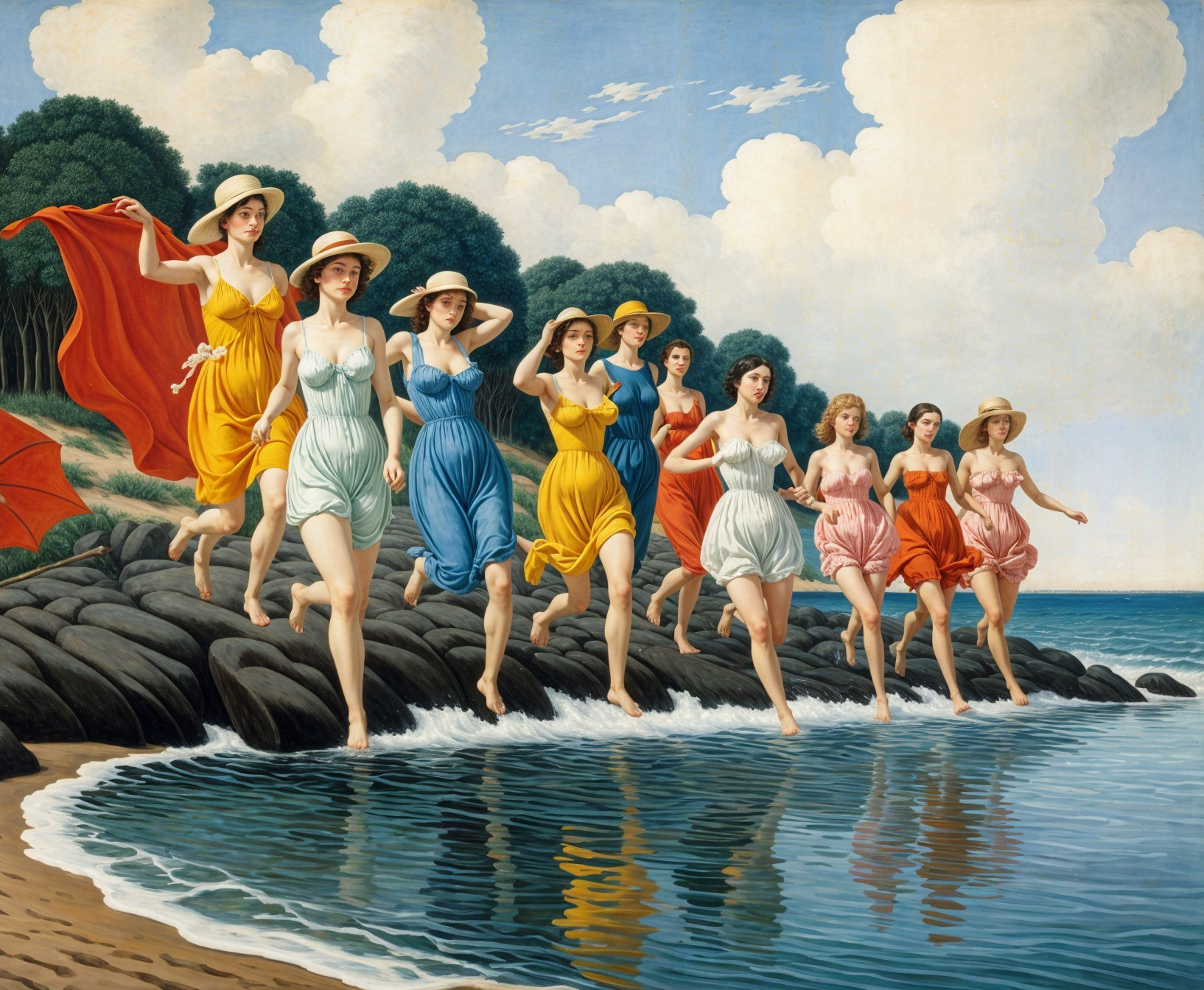Women in Colorful Dresses Running on Rocky Shoreline