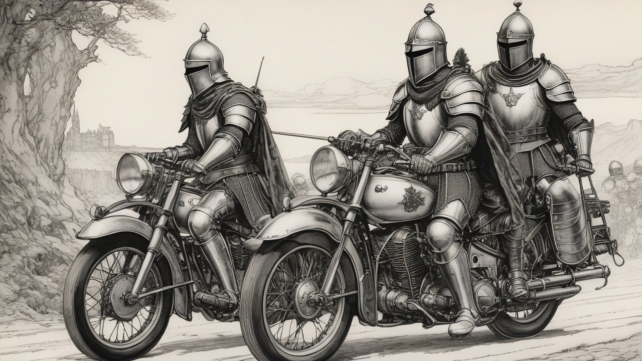 Medieval Knights Riding Vintage Motorcycles on Scenic Road