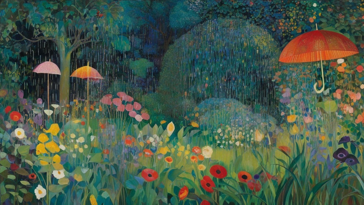Colorful Flower Garden with Umbrellas and Greenery
