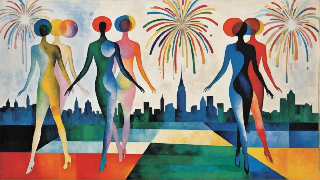 Abstract Figures with City Skyline and Fireworks