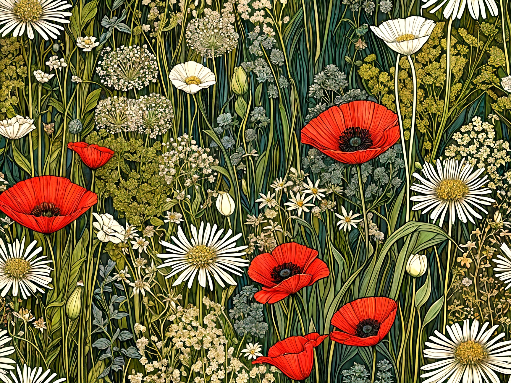 Vibrant Wildflower Meadow with Red Poppies and Daisies