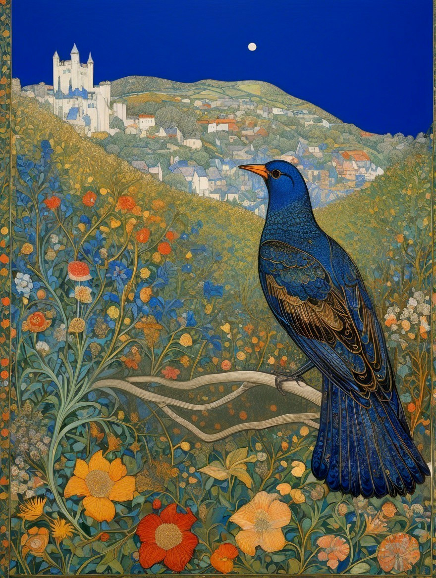 Blue Bird on Branch in Lush Twilight Landscape Illustration