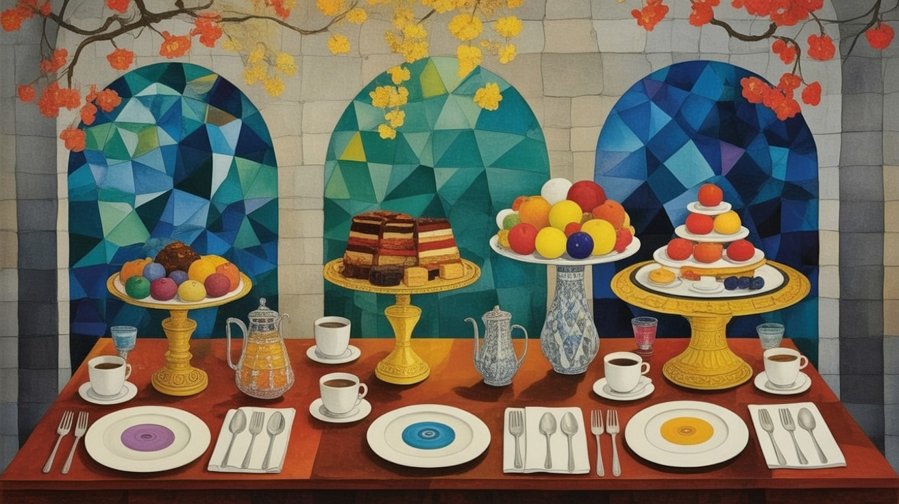 Vibrant Table Setting with Colorful Desserts and Decor