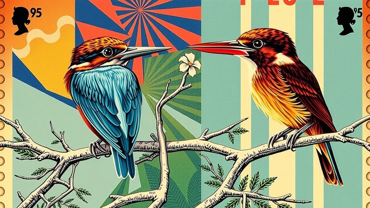 Colorful Kingfishers on Branch with Geometric Background