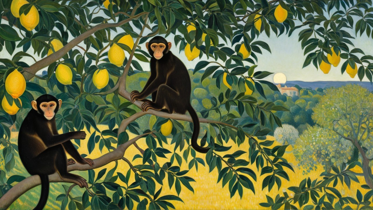 Playful Monkeys on a Branch with Lemon Tree Background