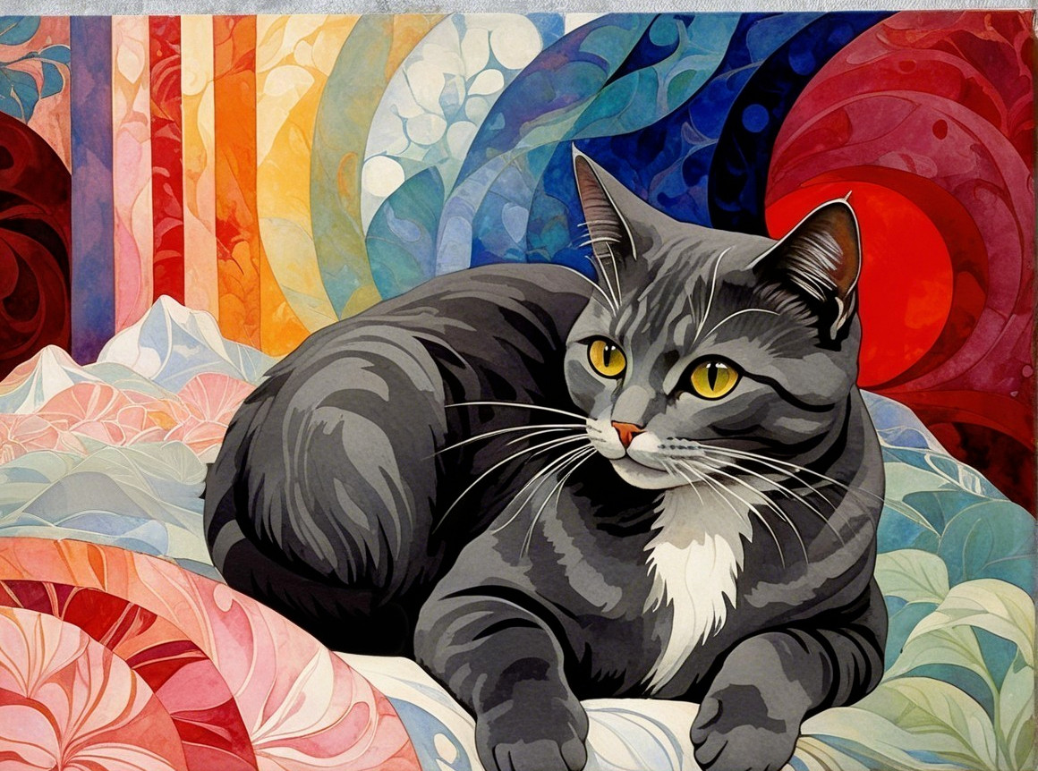 Gray Cat Against Vibrant Swirling Color Background