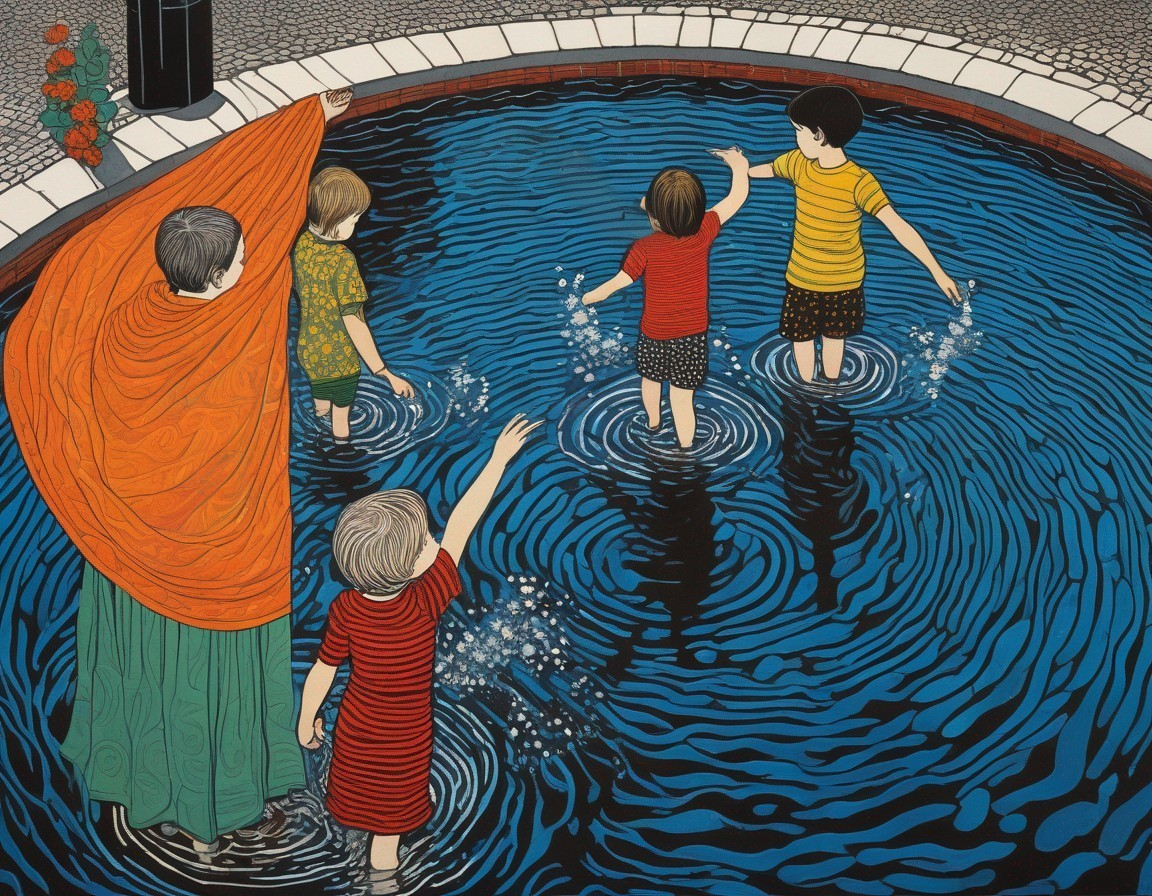 Children Wading in a Colorful Pool on a Summer Day