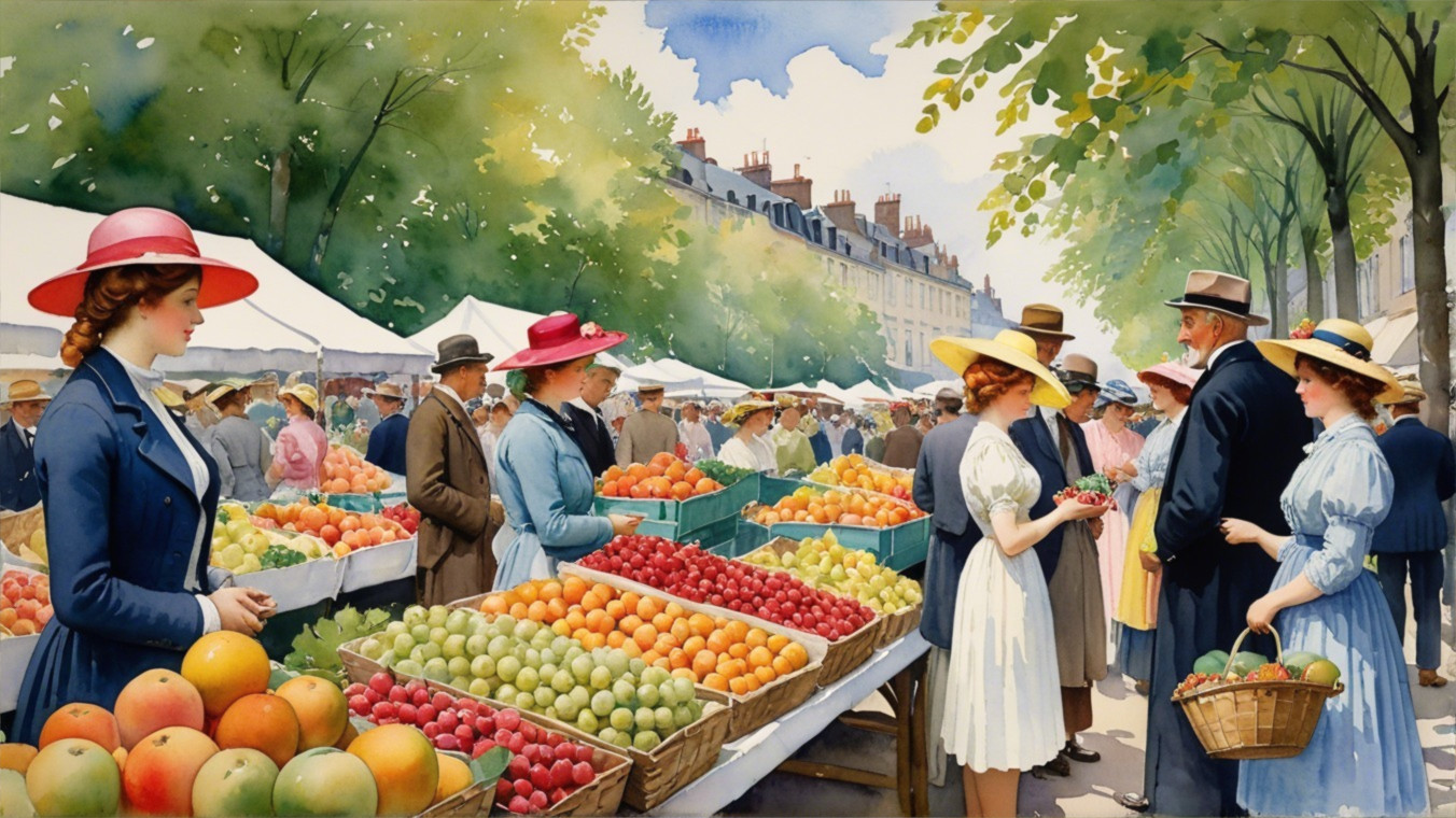 Vibrant Outdoor Market with Colorful Fruits and Stalls