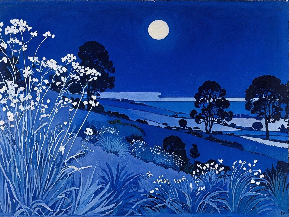 Serene Night Landscape with Moonlit Hills and Shoreline