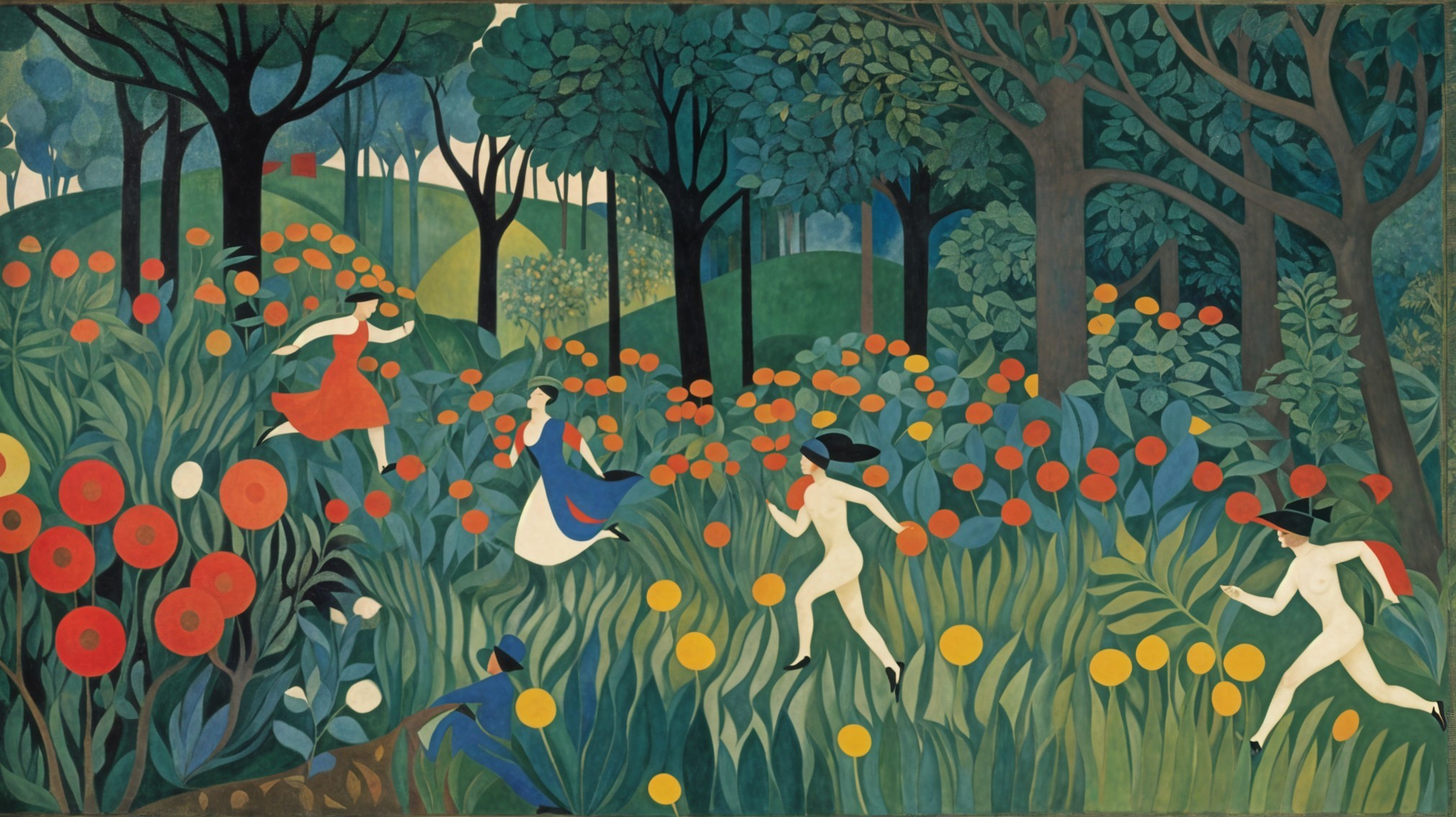 Dancing Figures Amidst Colorful Blossoms and Trees