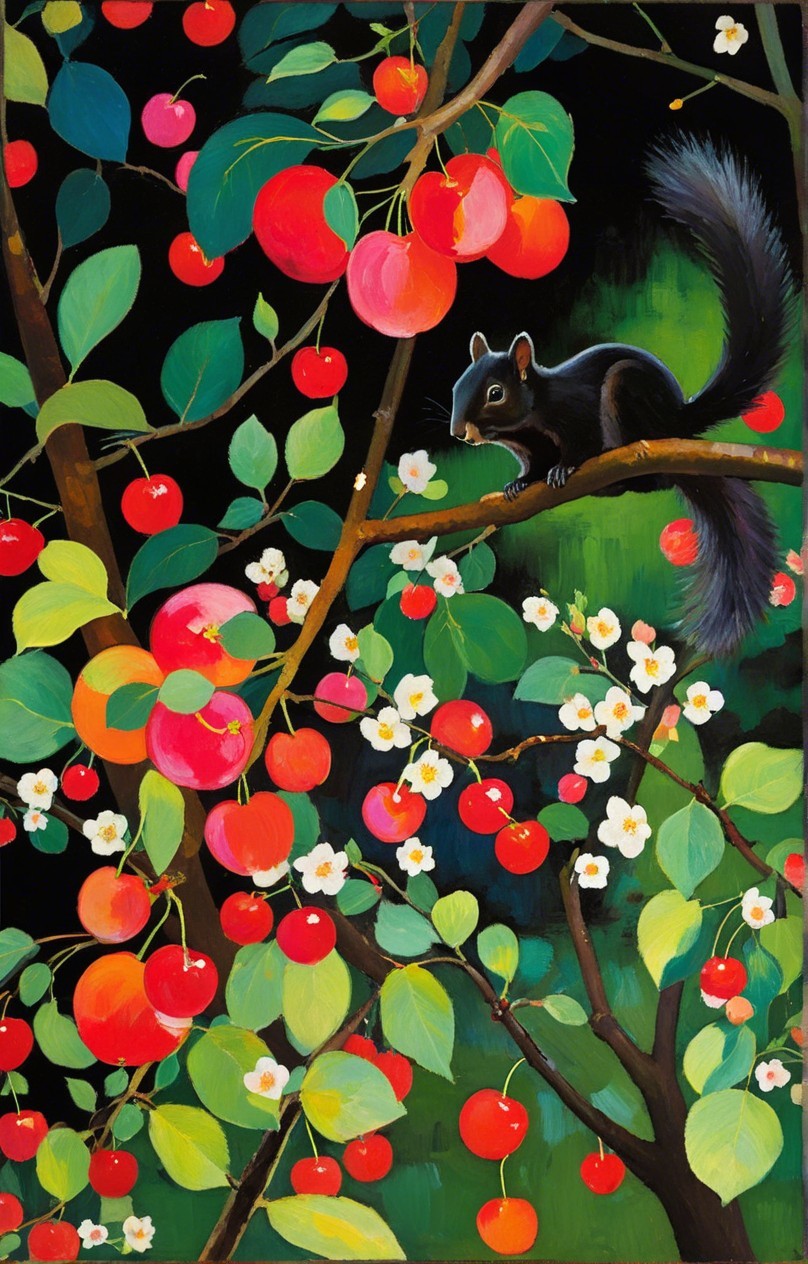 Vibrant Painting of a Black Squirrel and Apples