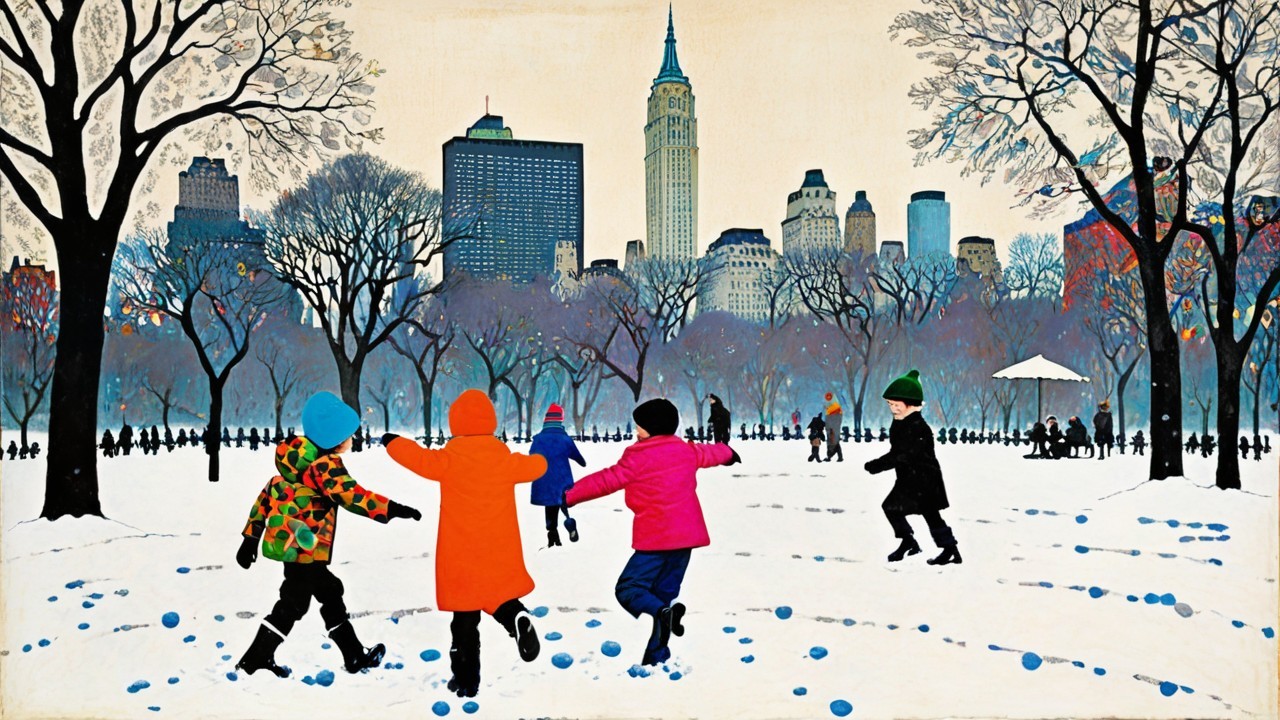 Children Playing in Snowy Park with City Skyline