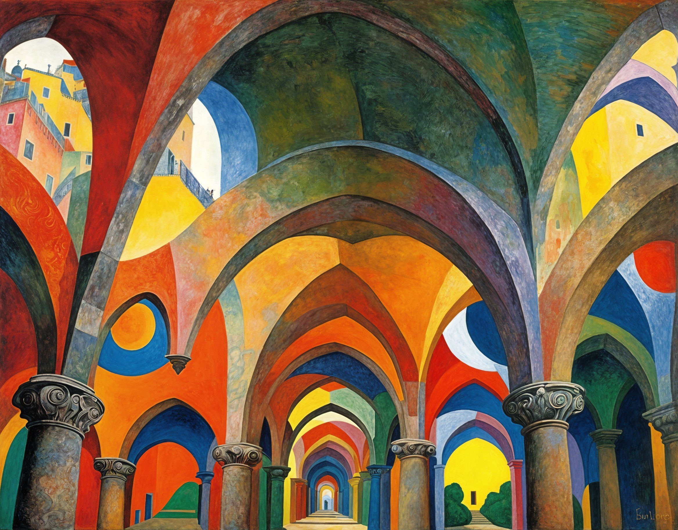 Vibrant Abstract Architectural Scene with Colorful Arches