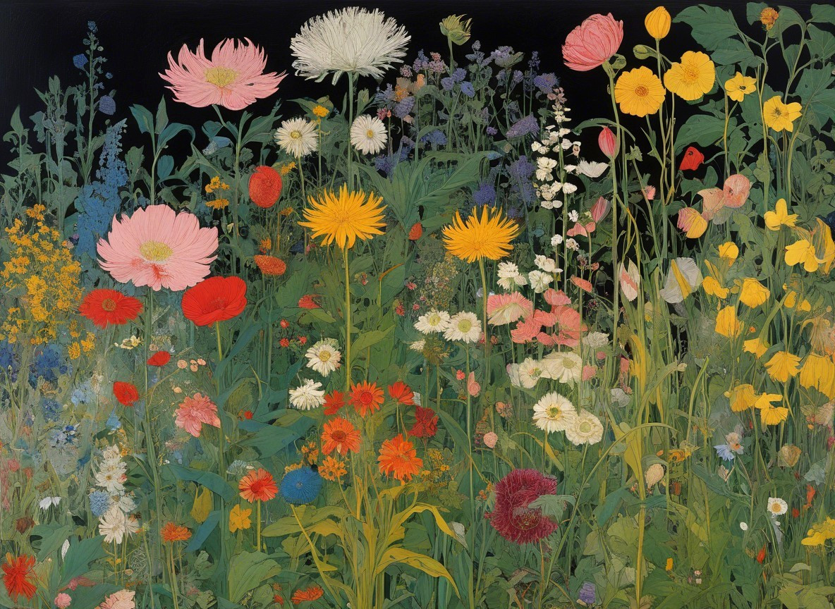 Colorful Meadow with Diverse Blossoms and Foliage