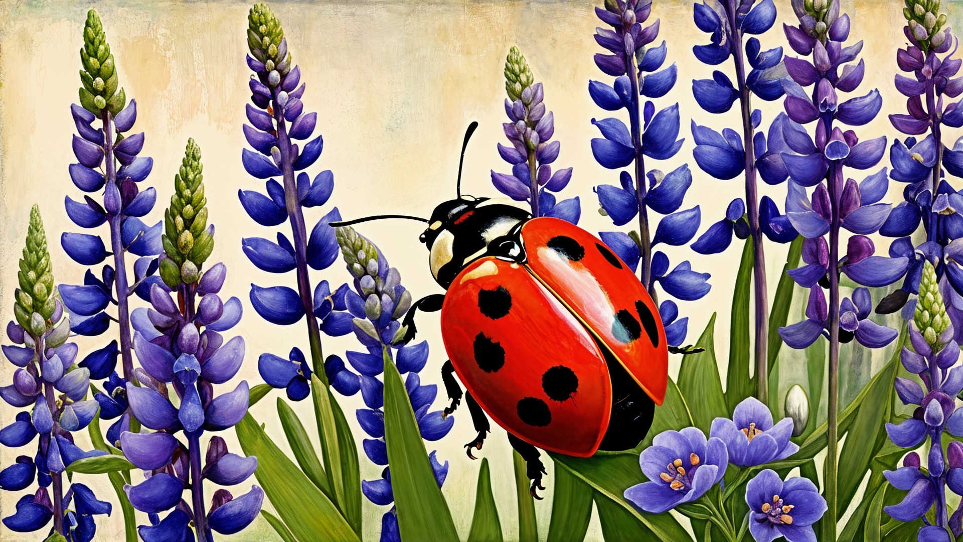 Vibrant Ladybug Among Lush Green Foliage and Lupines