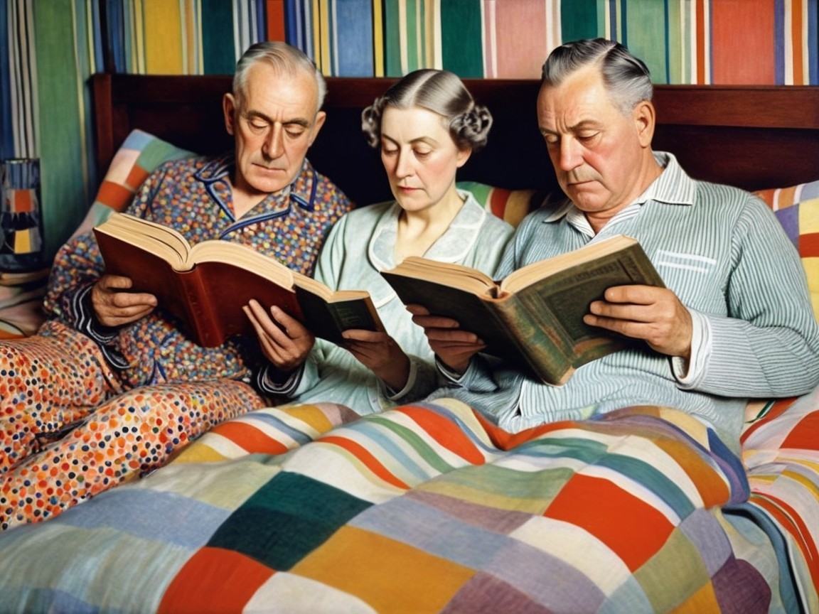 Individuals Reading in Bed with Colorful Bedding