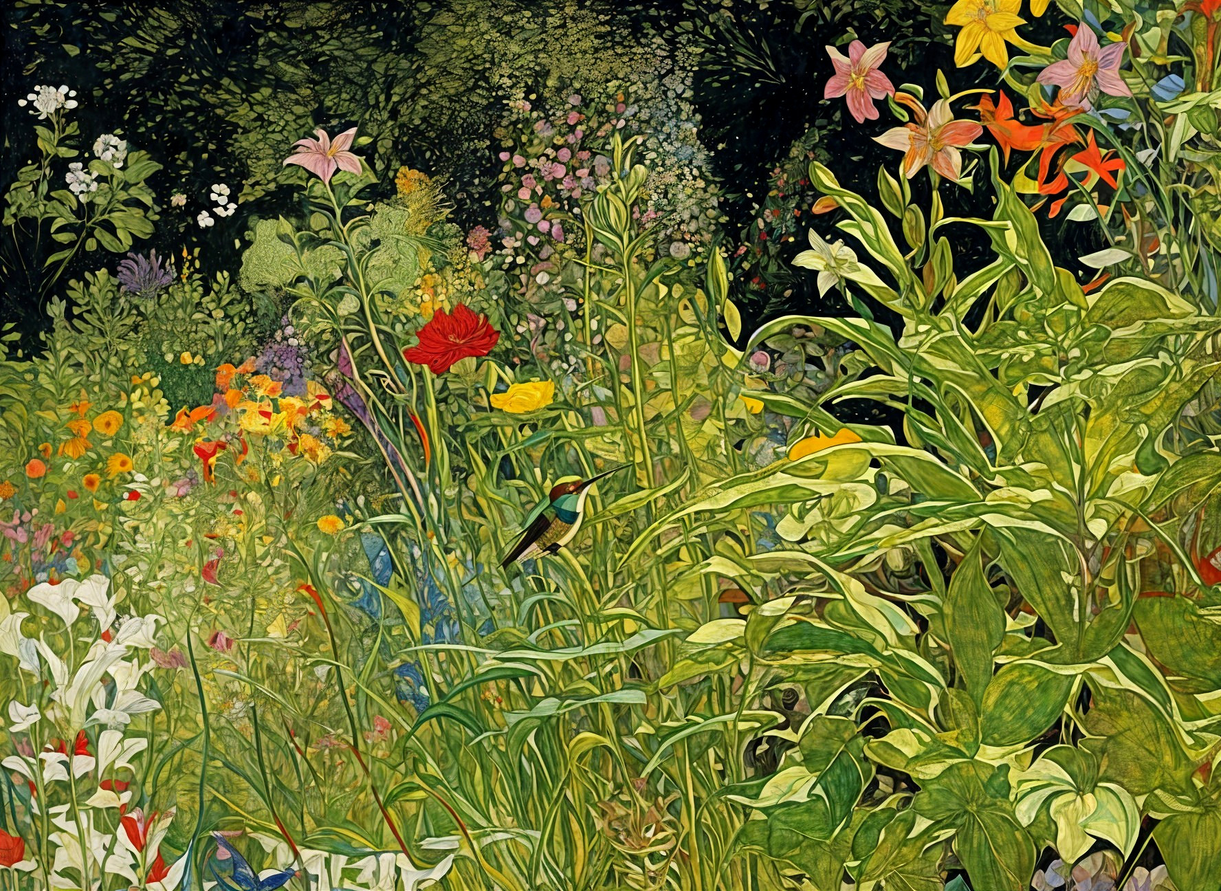 Vibrant Garden with Colorful Flowers and Wildlife
