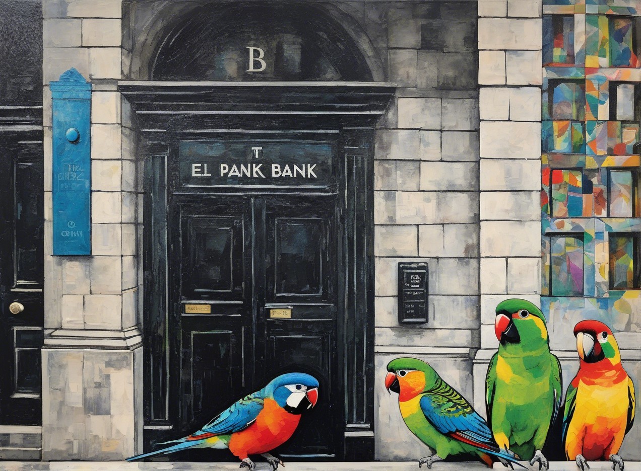 Whimsical Oil Painting of Parrots by a Dark Door