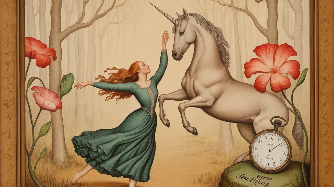 Whimsical forest scene with a dancing woman and unicorn