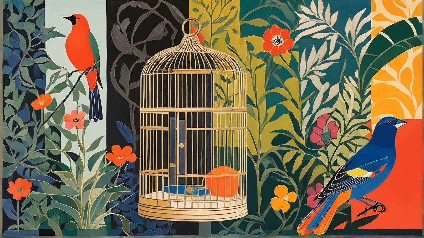 Tropical Scene with Colorful Birds and Foliage