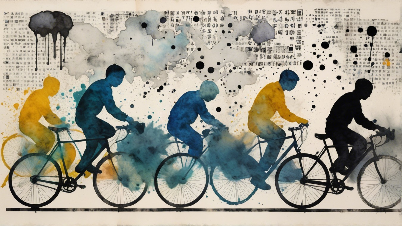 Watercolor Artwork of Cyclists in Motion with Abstract Background
