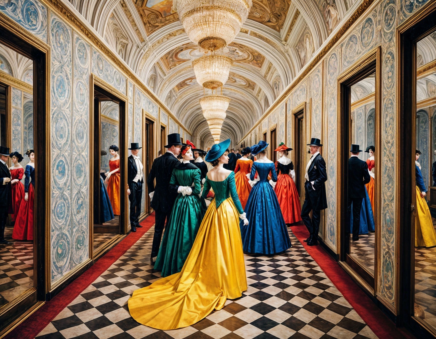 Elegant Hallway with Historical Attire and Chandeliers