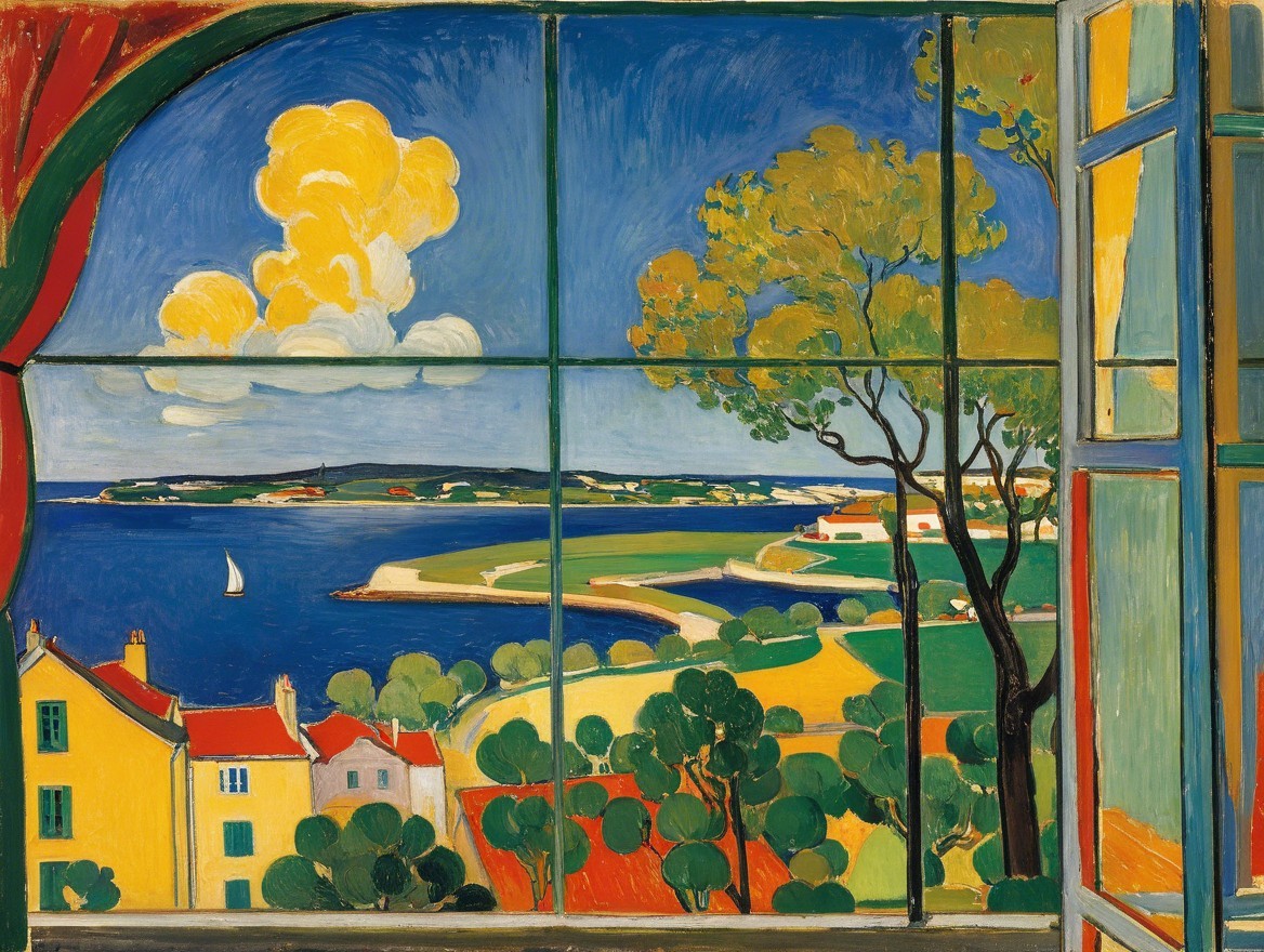 Vibrant Seaside View with Trees and Sailboat