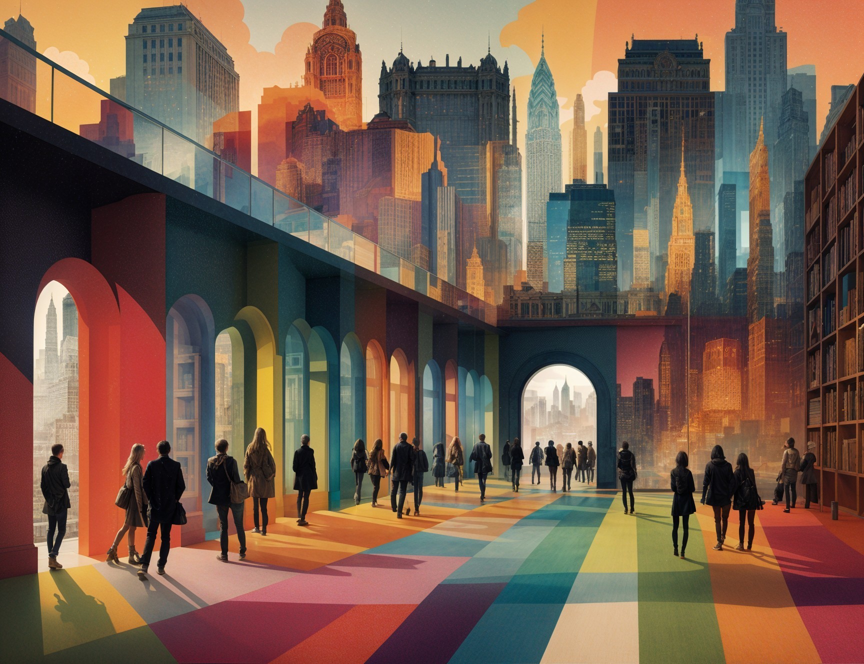 Colorful Cityscape with Skyscrapers and Archway