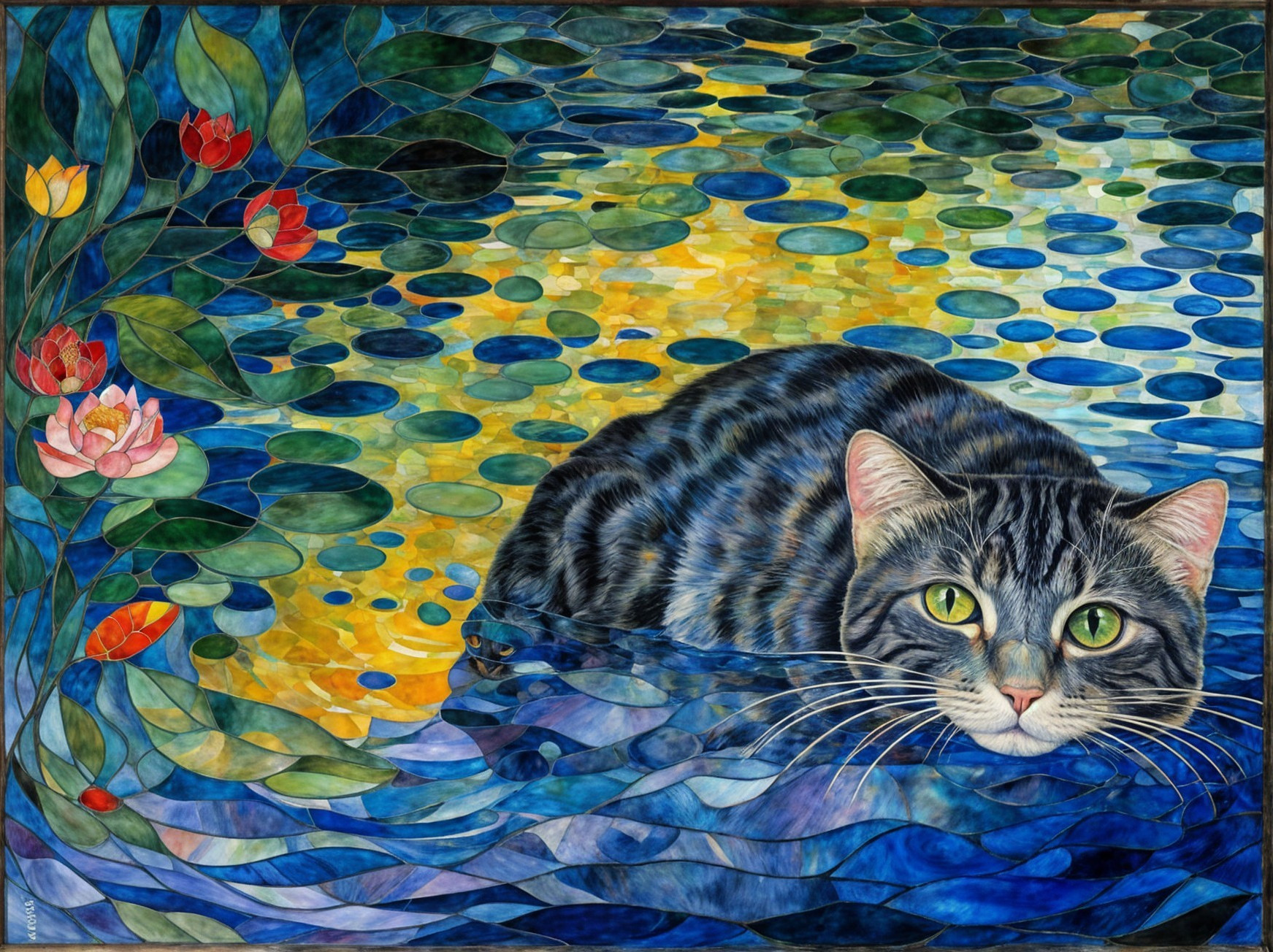 Illustration of a Cat Among Colorful Lily Pads