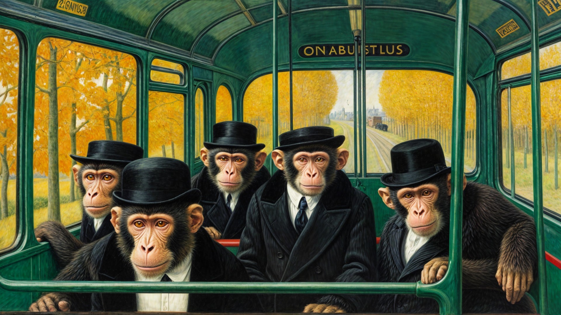 Monkeys in Suits Inside Vintage Bus with Autumn View