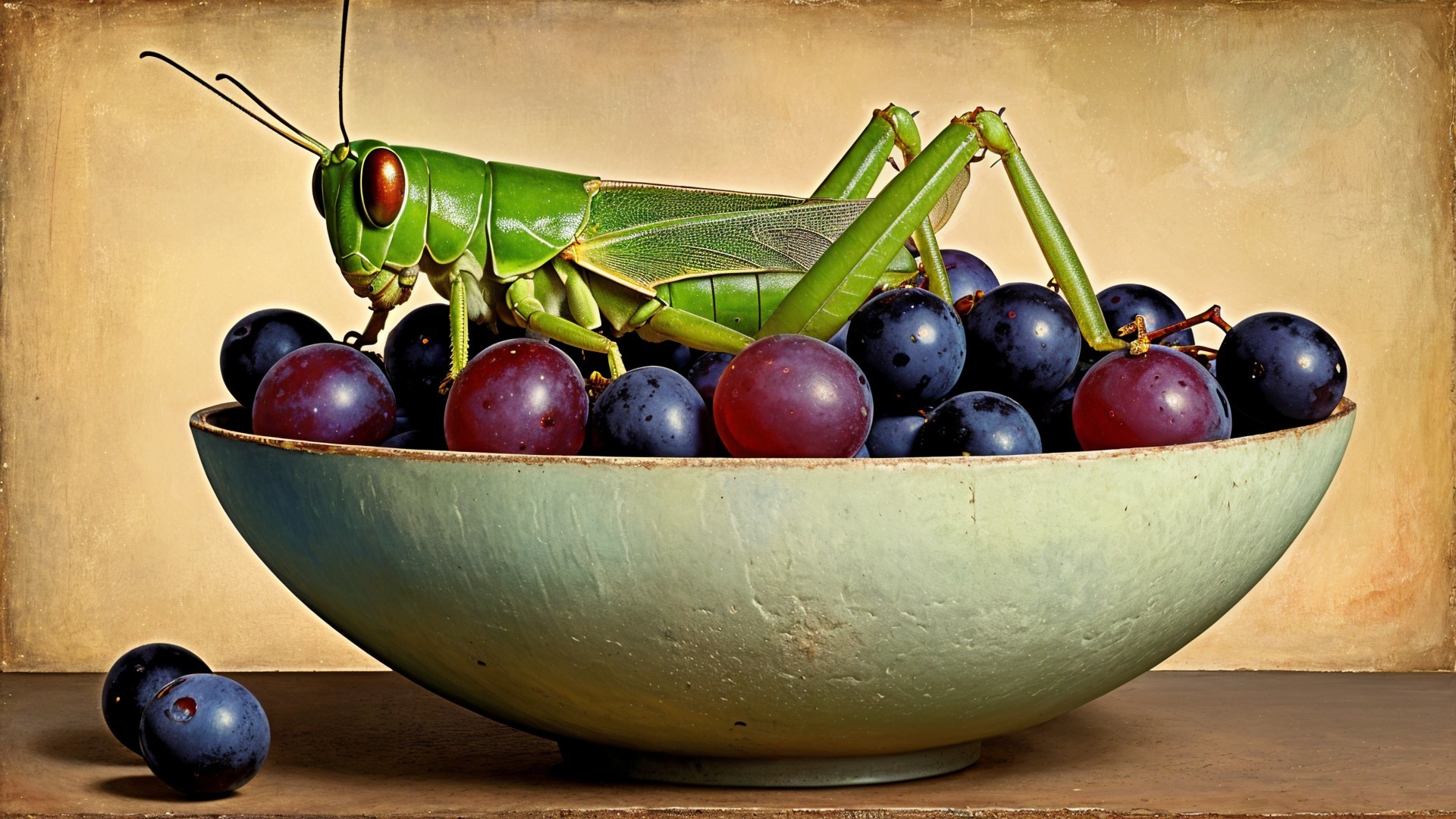 Green Grasshopper on Blue Bowl with Purple Grapes