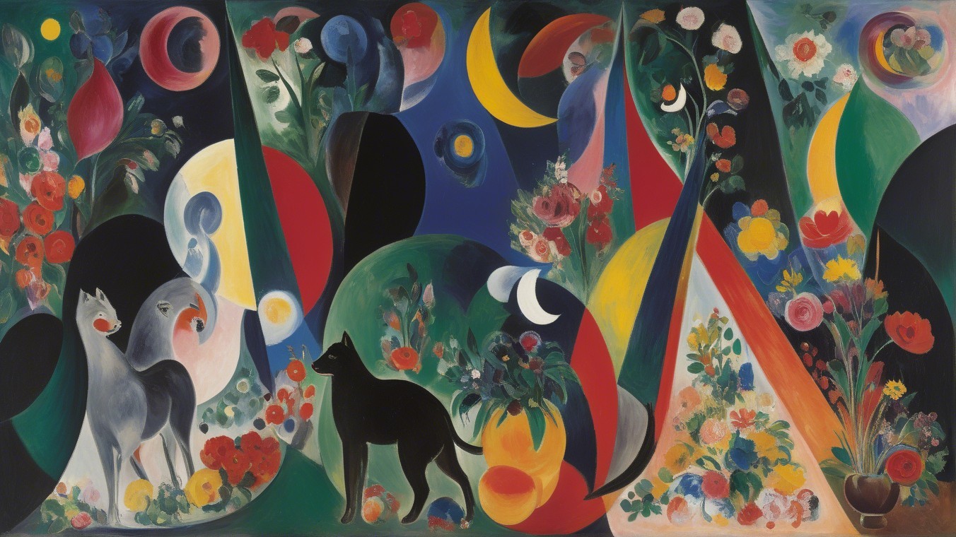 Vibrant Abstract Scene with Floral Motifs and Animals