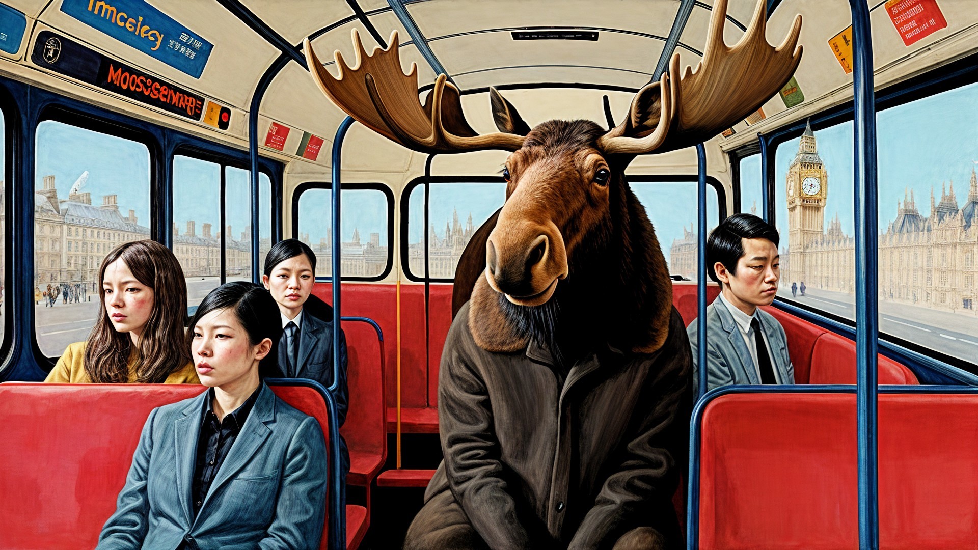 Moose in Formal Coat on Bus with Indifferent Passengers