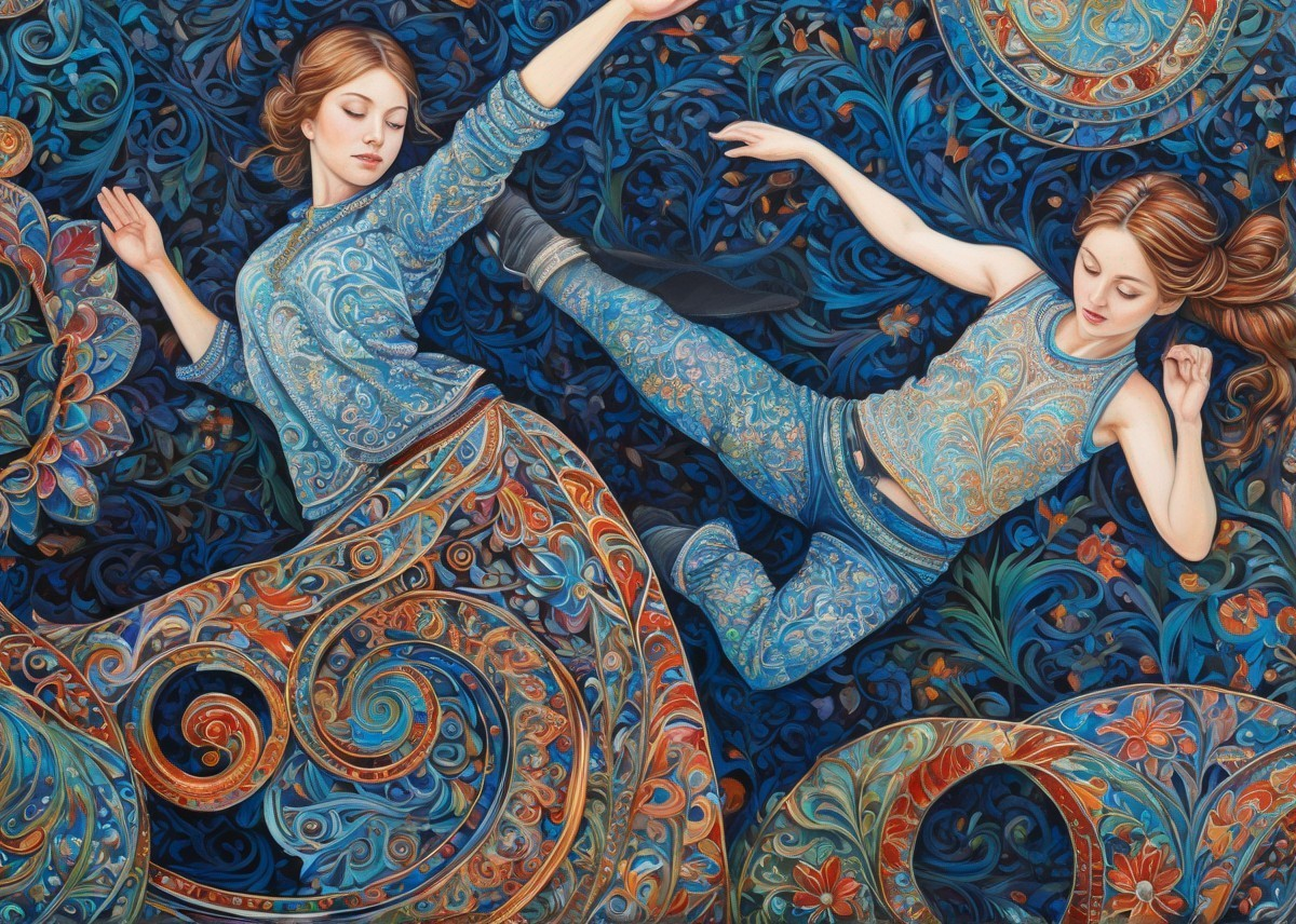 Women in Ornate Clothing Against Detailed Blue Background