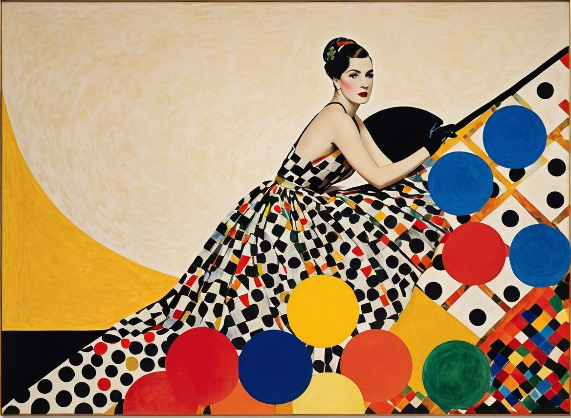 Glamorous Woman in Polka-Dotted Gown on Colorful Staircase