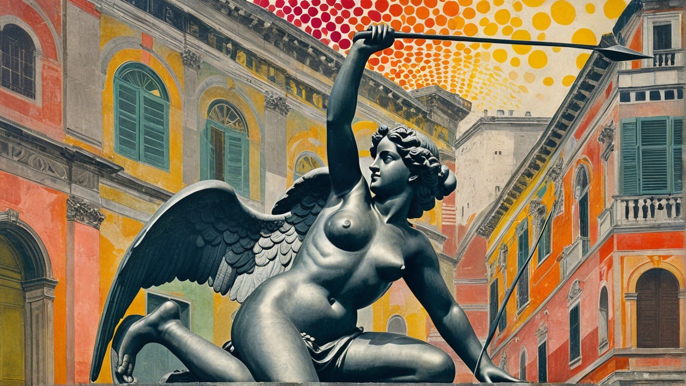 Winged Figure Sculpture Against Abstract Background