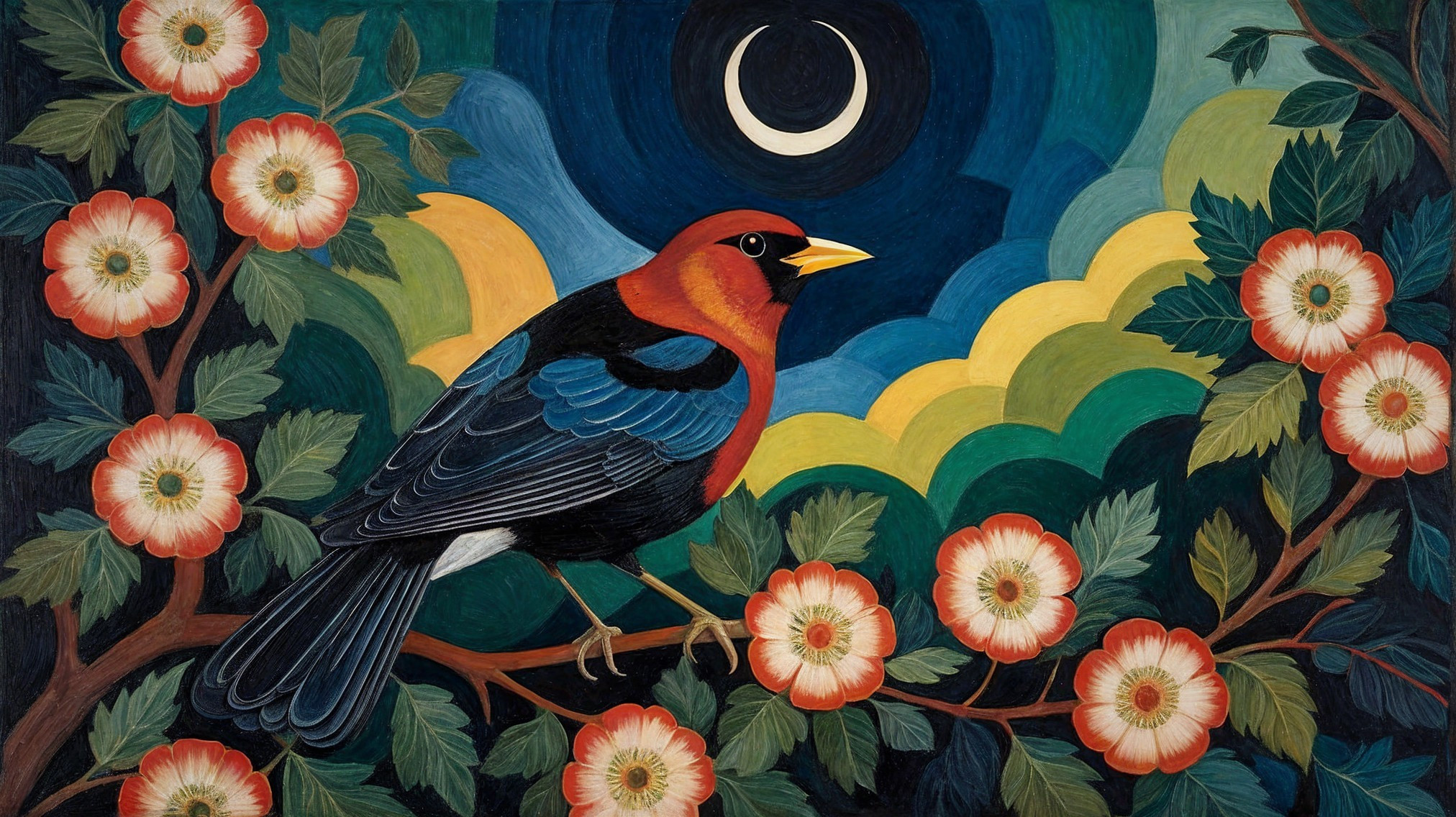 Vibrant Folk Art of a Bird on a Leafy Branch