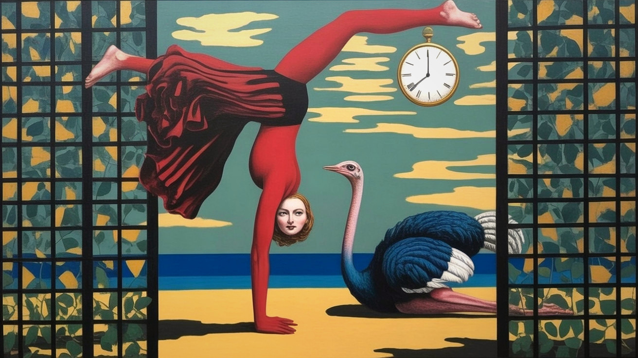 Surreal Beach Scene with Woman, Ostrich, and Clock