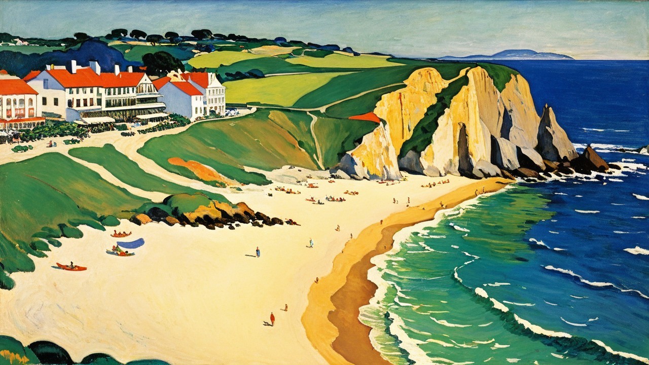 Vibrant Coastal Scene with Beach and Hills