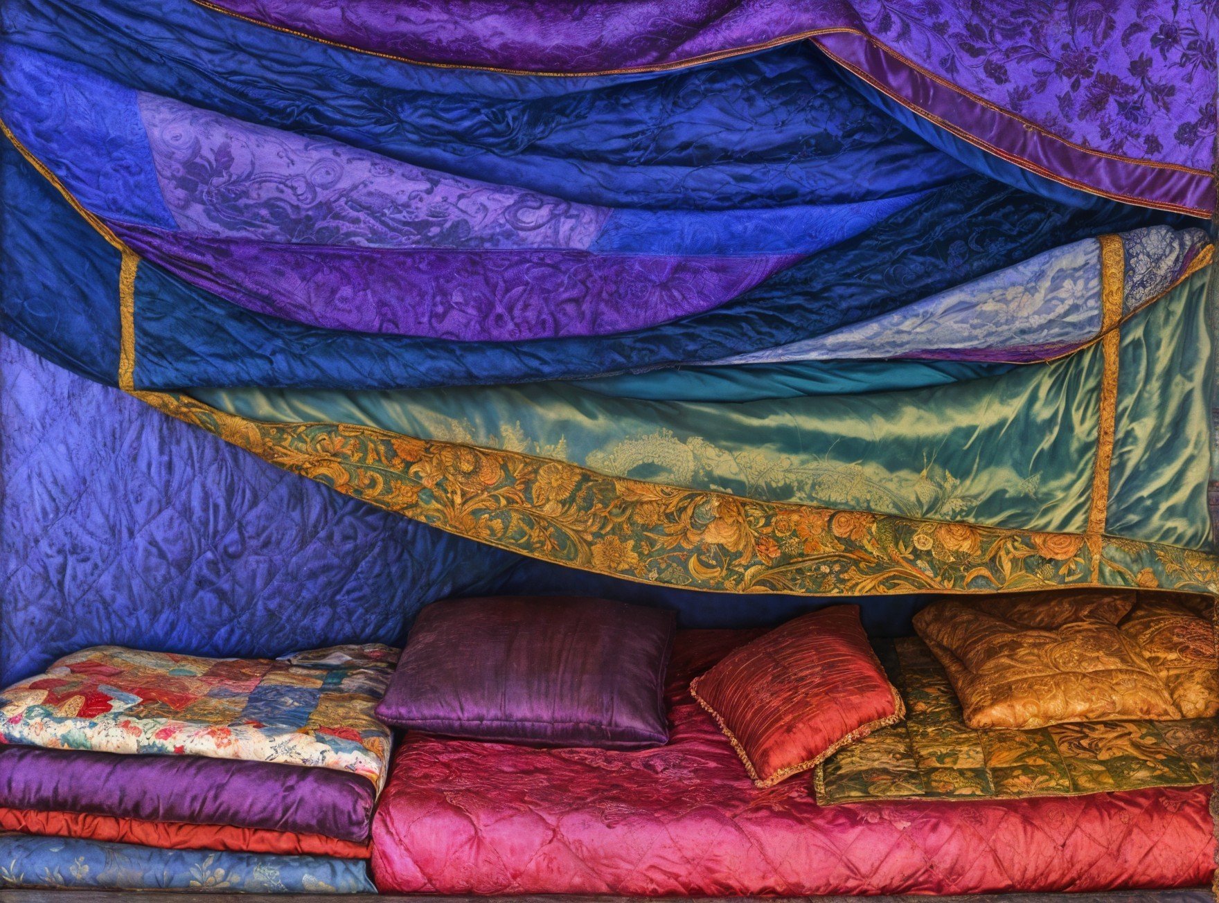 Cozy Nook with Vibrant Fabrics and Plush Textures