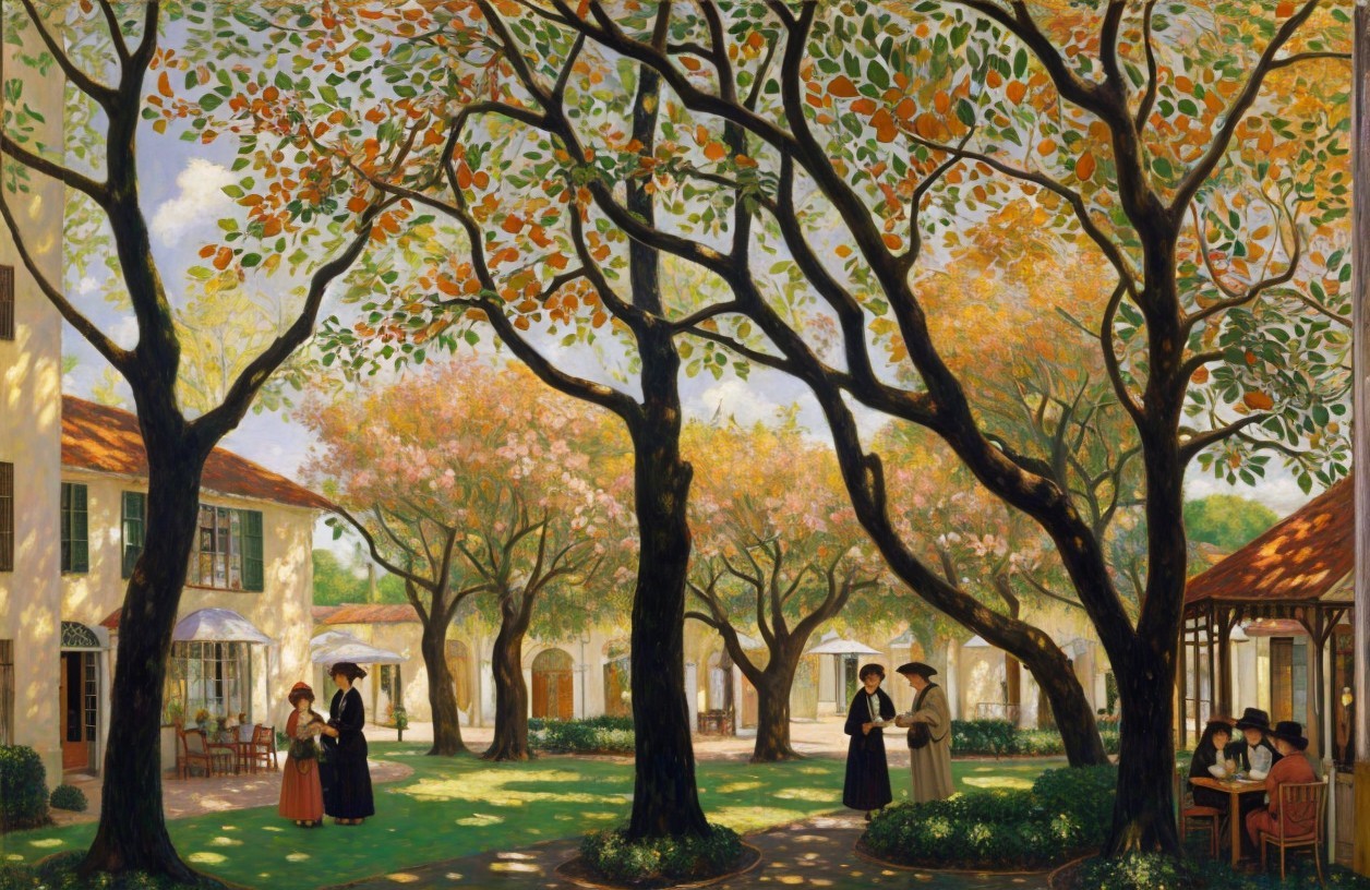 Tranquil courtyard with autumn foliage and elegant women